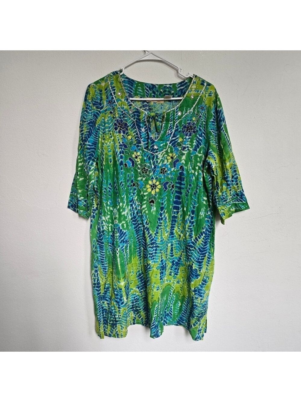 Vibrant Green & Blue Tunic Dress with Embellished Beaded Flor Neckline Size M